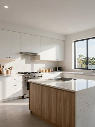 Wide-angle architectural photograph of a modern South Florida kitchen, clean quartz countertops, custom white oak cabinetry, bright morning daylight.