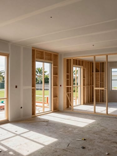 Crisp interior view of an active, highly organized South Florida residential construction site, showing flawless drywall installations and clean structural framing under bright natural daylight.