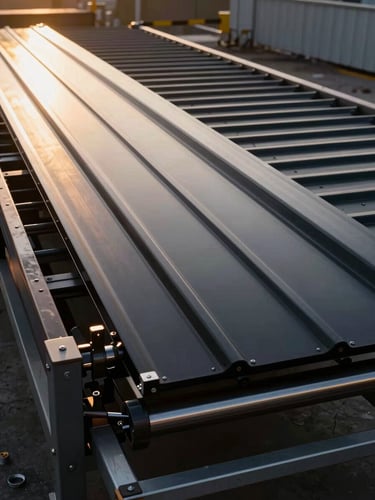 Industrial editorial photography of a long, flawless black standing seam metal roof panel emerging from a mobile roll-former onto a staging table. Dramatic golden-hour sunlight, rich dark tones, 35mm lens.