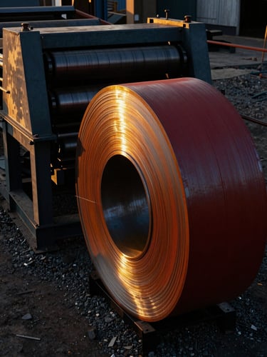 Industrial editorial photography of a heavy crimson steel coil feeding into a mobile roll-forming machine on a gravel job site. Dramatic golden-hour sunlight reflecting off the metallic steel surface, rich dark tones, 35mm lens.