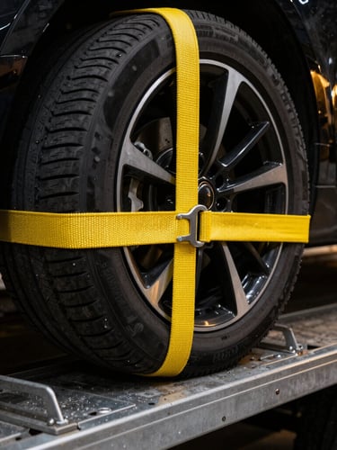Close-up of a heavy-duty yellow wheel strap tightly securing a luxury car tire to a steel flatbed deck, dramatic high-contrast lighting, sharp focus on the woven strap texture