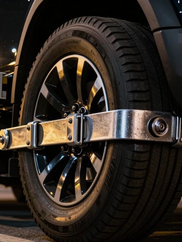 Low-angle close-up of a heavy-duty flatbed tow truck wheel straps securing a luxury vehicle tire, sharp focus on metallic ratchets, dramatic lighting