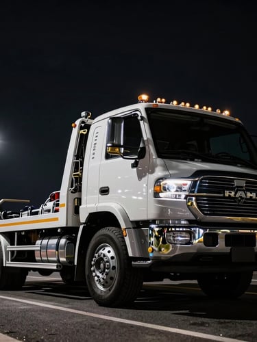 Low-angle heroic shot of a pristine RAM 5500 tow truck flatbed, high-contrast night streetlights reflecting off polished metallic details, deep blacks, sharp focus, 35mm lens
