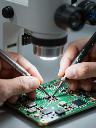 Macro shot of a technician hands performing micro-soldering on an iPhone logic board under a bright clinical microscope light, precise tools in focus.