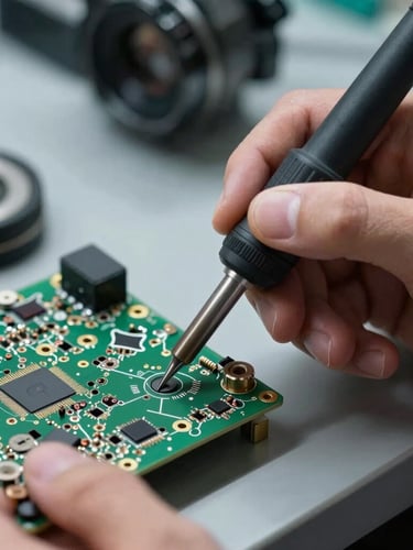 Macro clinical shot of a technician's hand using a high-precision soldering iron on an Apple logic board under a microscope, cool lighting