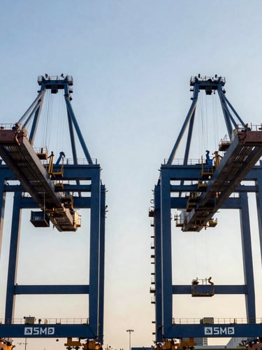 Symmetrical architectural shot of a modern container terminal, towering blue gantry cranes, crisp daylight with subtle golden-hour highlights on metallic surfaces, professional 35mm.