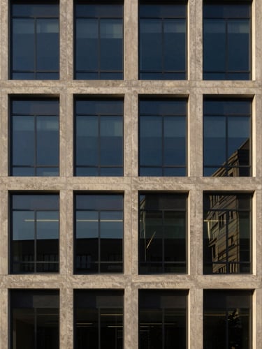 Symmetrical architectural close-up of a modern corporate headquarters facade, sharp concrete and glass lines, deep navy shadows and warm golden hour sunlight reflecting off the windows, professional 35mm photography.