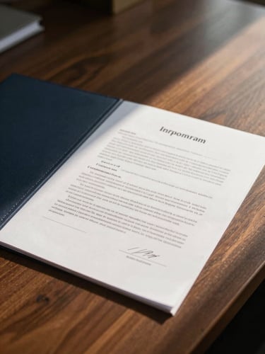 Close-up of signed legal documents on a dark oak desk, warm golden-hour light casting long shadows, professional 35mm editorial corporate photography.