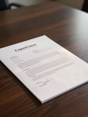 Close-up of signed legal document on a dark wooden boardroom table, warm golden-hour light hitting the paper, professional editorial corporate photography