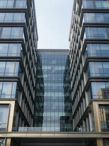 Symmetrical modern office building exterior with clean glass reflections, architectural lines, cool daylight, professional 35mm photography
