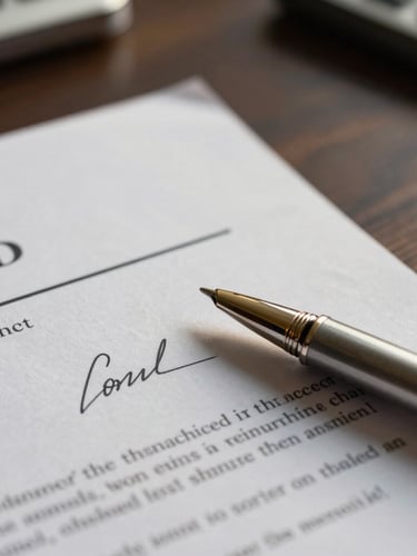 Macro close-up of a signed legal contract on a dark wooden corporate table, subtle golden hour light catching the metallic pen and paper texture.