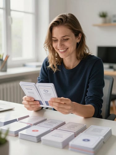 Warm editorial photography of Kinga Flis in a bright home office filled with natural light, holding neatly organized physical flashcards, smiling warmly, shallow depth of field, 35mm