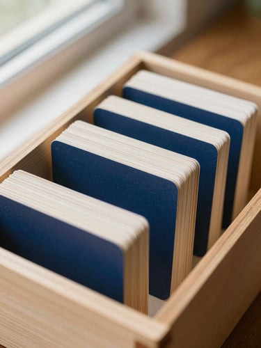 Close-up of physical flashcards in a neat wooden box on a desk, warm natural daylight, soft focus, navy blue tones
