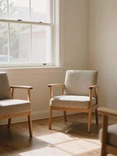 Warm editorial photograph of a clean, peaceful private therapy room, soft afternoon light streaming through a window, comfortable wooden chairs, earth-toned decor, shallow depth of field, 35mm