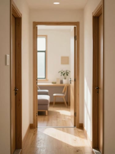 Warm editorial photography of a clean, sunlit corridor with wooden accents, leading to a therapy room, soft natural daylight, shallow depth of field, 35mm