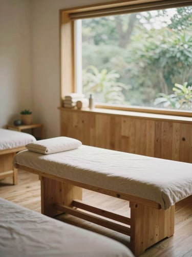 A peaceful, sunlit therapy room with comfortable seating, warm wooden accents, and a large window showing green foliage outside, soft focus, 35mm photography