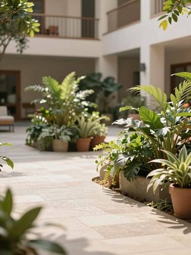 Warm editorial photography of a serene sunlit courtyard at a recovery center, lush green plants, clean stone pathways, soft natural daylight, shallow depth of field, 35mm