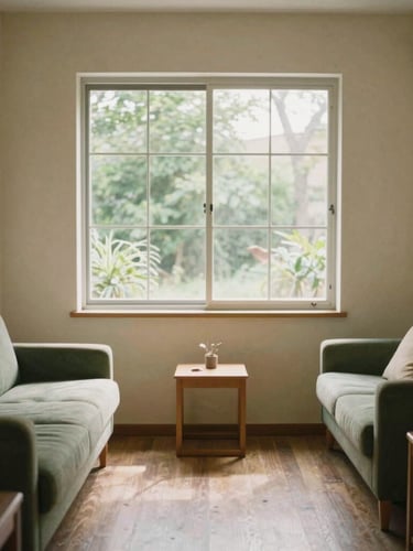 A warm, daylight-filled therapy room with comfortable seating, soft forest green accents, and a large window showing green foliage outside, 35mm photography