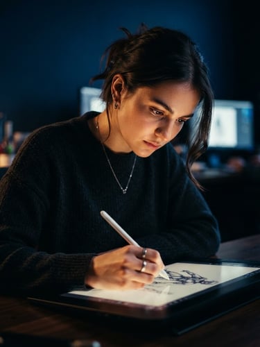 A close-up portrait of a designer sketching concept art on a digital tablet, warm cinematic studio lighting, shallow depth of field, rich midnight blue tones.