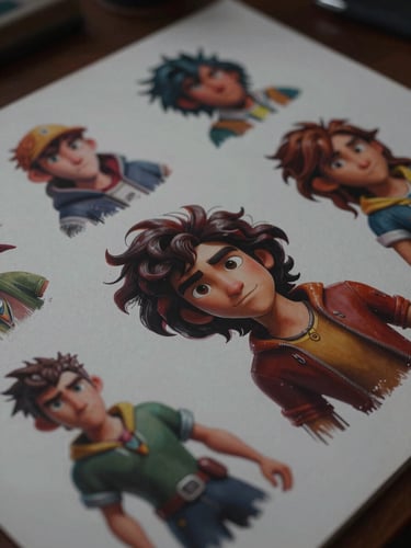 A close-up of a digital canvas showing vibrant character concept art for an animated story, detailed brushstrokes visible, shallow depth of field.