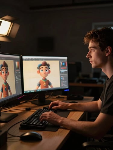 Behind-the-scenes portrait of a digital artist working on a high-end 3D character design, glowing monitors reflecting warm light, dramatic high-contrast studio lighting, shallow depth of field, cinematic editorial style.