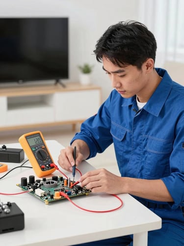 A certified technician in a clean blue uniform using a digital multimeter to test a smart TV motherboard on a clean workspace, bright daylight, 35mm