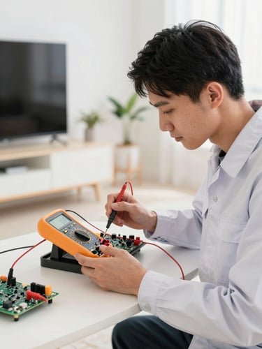 A professional technician in a clean uniform using a digital multimeter to test a smart TV circuit board, bright natural indoor lighting, sharp focus on hands, 35mm.