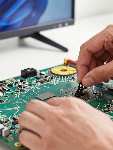 Close-up of a technician's hands carefully repairing the internal motherboard of an LED TV, bright daylight, 35mm.