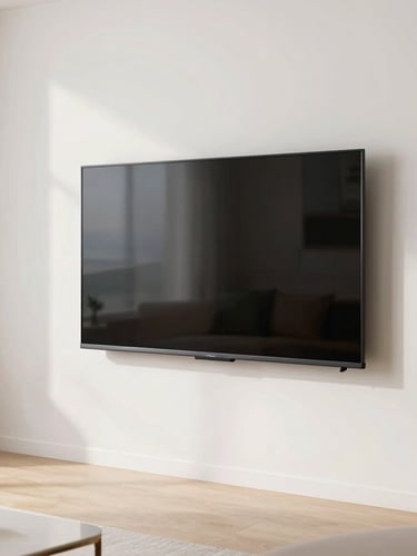 A slim smart TV perfectly wall-mounted in a modern, bright living room, neat cable management, clean interior, 35mm.