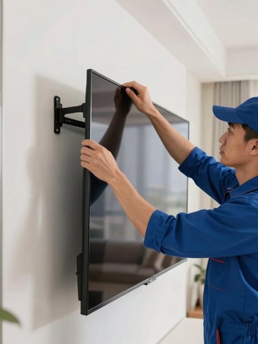 A professional technician in a clean blue uniform carefully mounting a large sleek flat-screen TV onto a modern living room wall, bright natural indoor daylight, sharp focus on hands and bracket