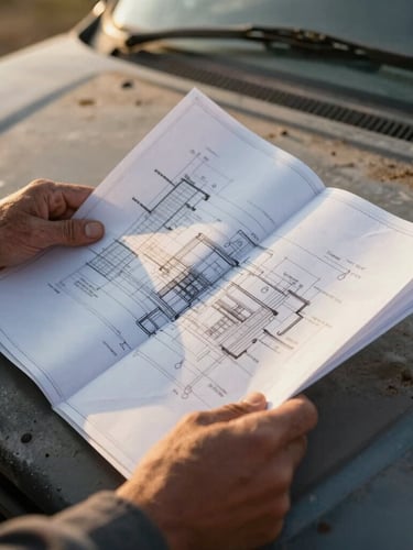 Close-up of weathered hands holding engineering blueprints open on a dusty truck hood, golden hour sunlight catching the paper texture.