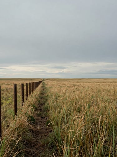 Overcast panoramic view of a wide Nebraska prairie with native grasses, a vintage barbed-wire fence lining the left third, deep soil textures visible under low-angle light.