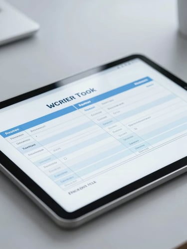 Close-up of a digital appraisal report displayed on a tablet screen, clean modern office desk background, cool slate gray tones, bright overcast lighting