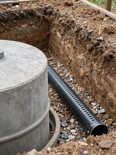 Close-up of installed septic tank components in an open trench on a residential property, concrete tank lid partially visible, perforated distribution pipe laid in gravel bed, excavated sidewalls showing soil strata, natural daylight, site markers visible, documentary framing