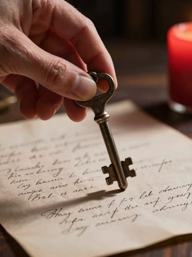 Extreme close-up of a hand holding a heavy iron key over a handwritten parchment, lit by a single burning red candle casting dramatic chiaroscuro shadows, dark background.