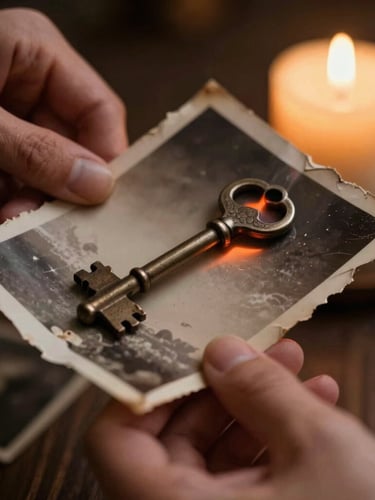 Extreme close-up of hands holding an old torn photograph over a burning iron key, single candle light, dramatic shadows, esoteric-noir