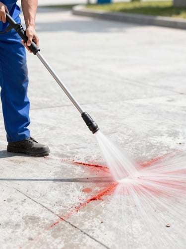 A professional cleaner pressure washing a concrete pathway covered in red dirt, high-pressure water stream stripping away stains, bright sunny outdoor daylight, sharp focus
