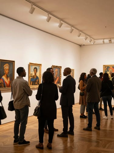 Wide environmental photograph of a crowded African art exhibition opening in a Parisian gallery space, artworks illuminated on white walls, well-dressed visitors of African descent engaged in conversation, warm incandescent gallery lighting, golden hour quality indoors