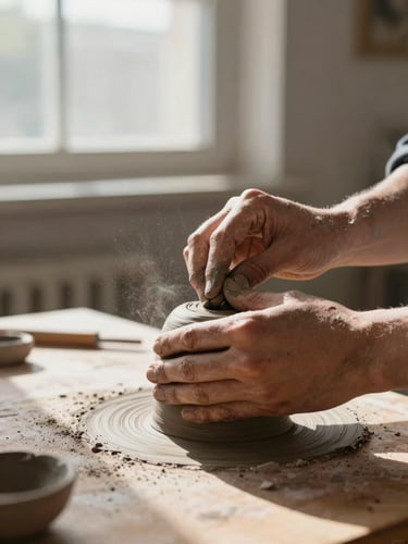 Close-up intimate shot of a sculptor's hands shaping dark clay on a wooden table, natural north-facing daylight from a tall window casting soft directional shadows, fine dust particles suspended mid-air, terracotta and ochre tones