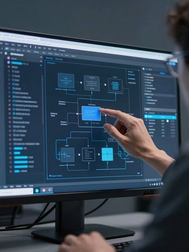 Sleek corporate technology photography, close-up of a senior developer analyzing complex system architecture on a high-end monitor, cool blue and slate tones, crisp studio lighting, shallow depth of field, 35mm.