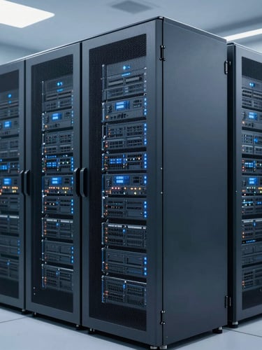 Sleek corporate technology photography, wide view of a modern data center with cool blue and slate tones, crisp studio lighting, high-contrast, shallow depth of field, 35mm.