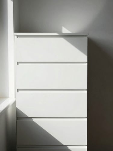 Straight-on architectural photograph of a narrow vertical dresser tower in a tight corner next to a window, sharp shadows, minimalist interior, 35mm