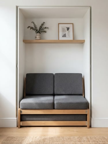 Crisp straight-on architectural elevation of a convertible guest sofa bed frame folded in a narrow apartment alcove, sharp clean shadows, bright daylight, 35mm