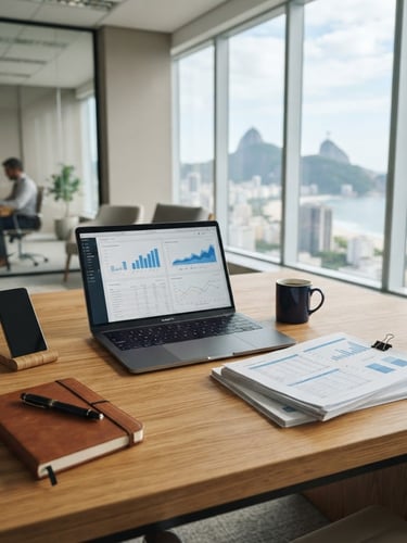 A bright, clean corporate office in Rio de Janeiro, a professional workspace with financial documents and a laptop on a wooden desk, soft natural daylight, sharp focus, 35mm lens