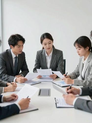 A professional meeting in a bright, modern corporate boardroom, business directors reviewing financial spreadsheets, clean daylight, sharp focus, professional neutral tones