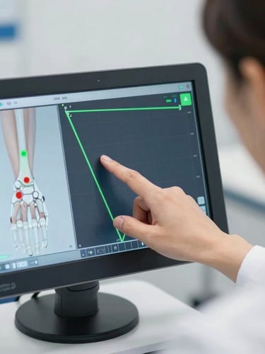 Close-up of a physiotherapist pointing at a digital biomechanical joint analysis screen with green angle overlays, clean clinical setting, focused depth of field