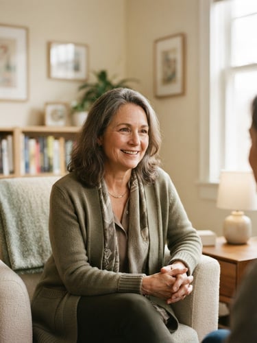 Warm environmental portrait of a compassionate female therapist in a soft-focus cream office with natural window light