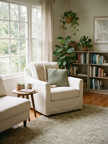 A warm, sunlit therapy office with soft-focus green plants, a comfortable cream armchair, and diffused light coming through a large window, conveying safety and calm.