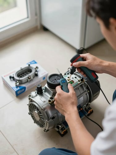 Close overhead view of technician hands pressing diagnostic scanner probes against fridge compressor terminals on a kitchen floor, genuine replacement part in original packaging visible beside the tools, natural light from a nearby window, tile floor of a Dubai apartment in background