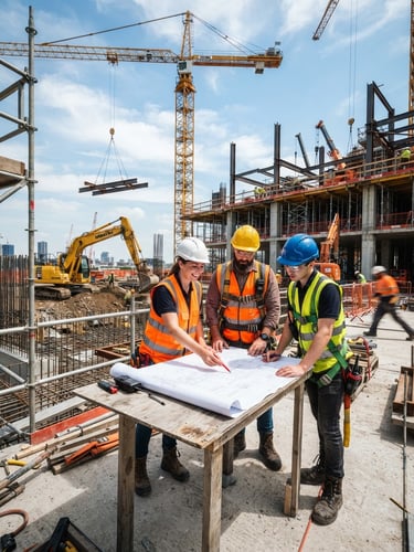 Engineers in high-visibility vests and hardhats reviewing blueprints on an active construction site, heavy machinery in the background, bright midday sun, wide-angle, high-contrast industrial engineering photography.